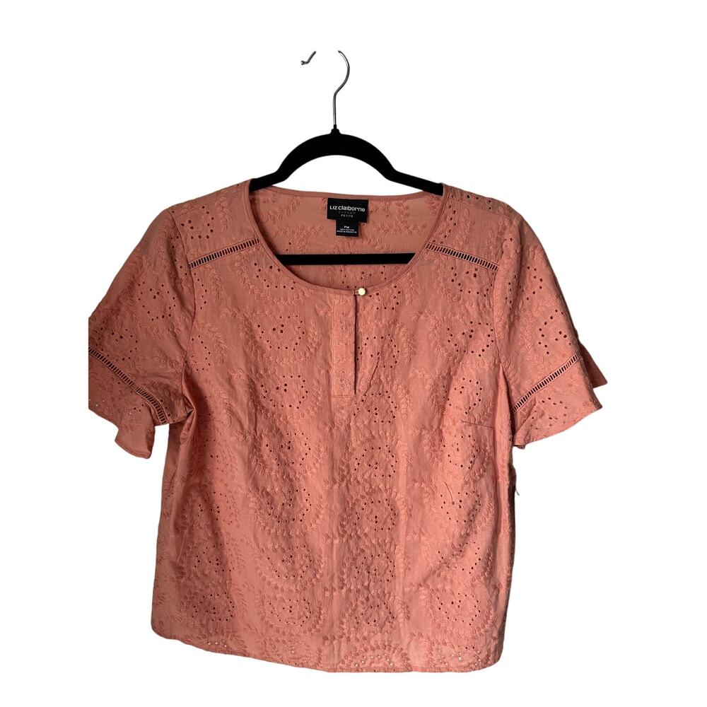 Liz Claiborne Career Women's Rose Dawn Eyelit Peach Blouse Size PM CottageCore